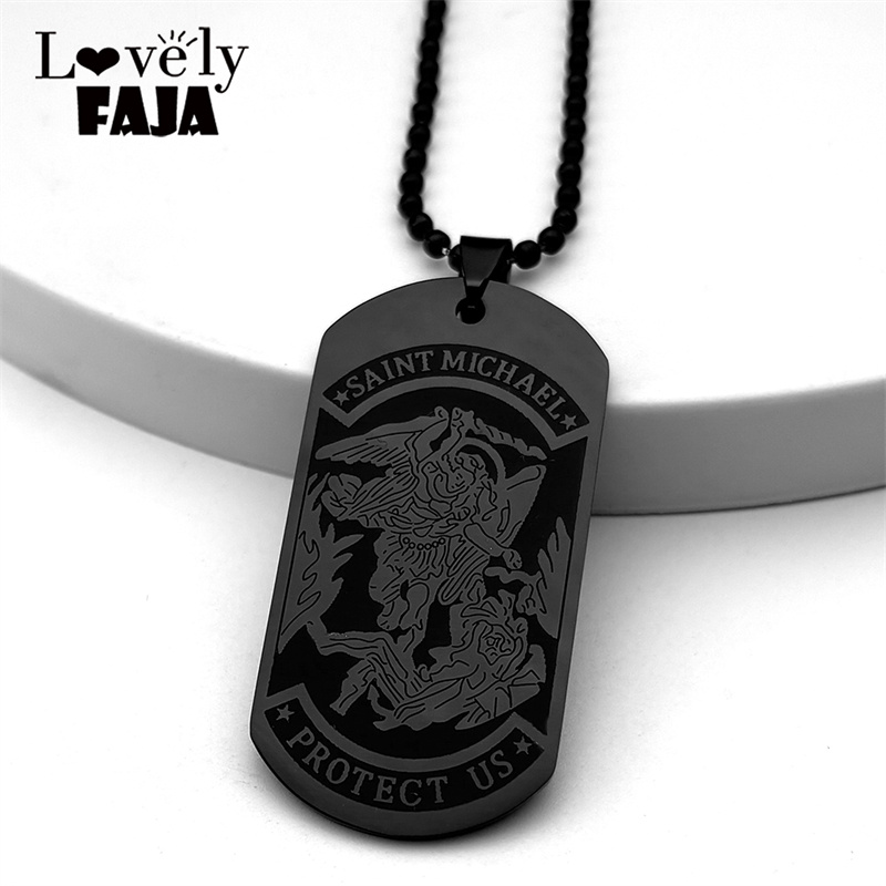 Mens Dog Tag Necklace - SAINT MICHAEL PROTECT US Archangel Zawieszka